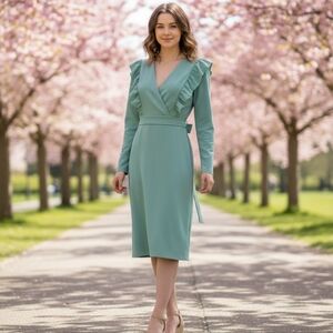 Boohoo Saphire Sage Green Ruffled Long Sleeve  Long V-Neckline Dress Size 4